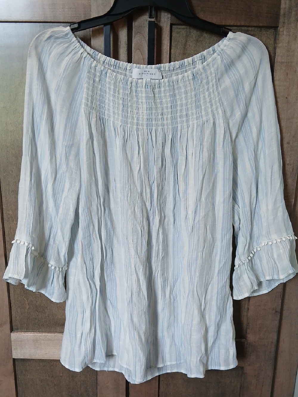 New Directions Pale Blue White Striped Peasant Tunic